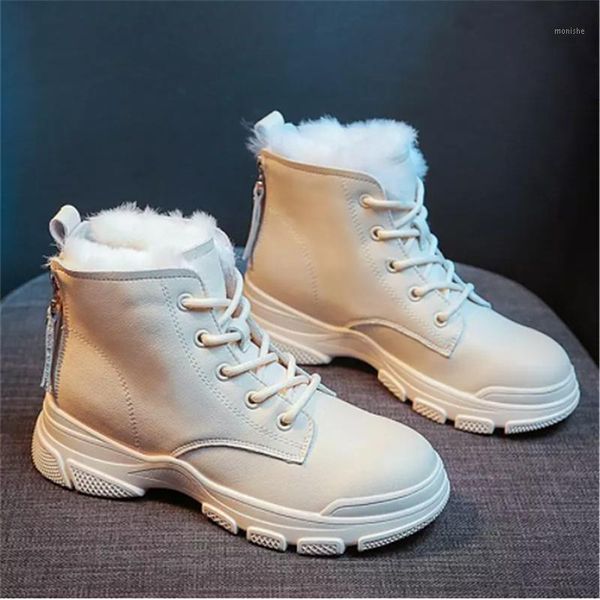 

boots 2021 women winter snow fashion warm plush ankle lace up zipper women's leather botas de mujer1, Black