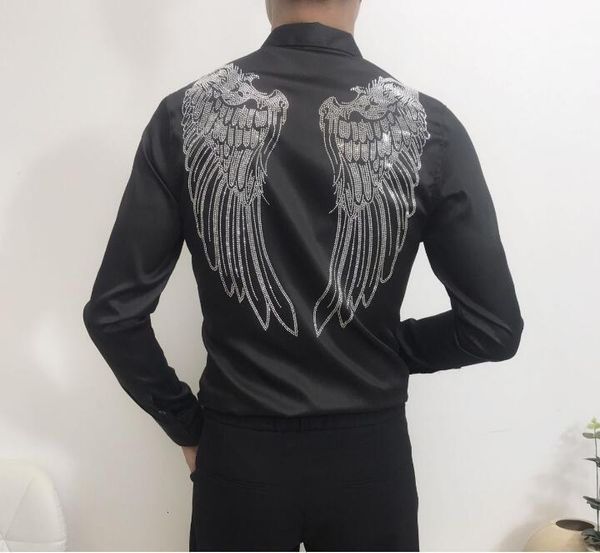 

2021 autumn men long hip hop new male trousers mens solid drill shirt rhinestones fit pclk, White;black
