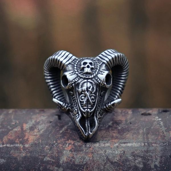 

cluster rings eyhimd evil sacrifice sorcerer goat head mask skull mens punk rock 316l stainless steel ring demon biker jewelry, Golden;silver