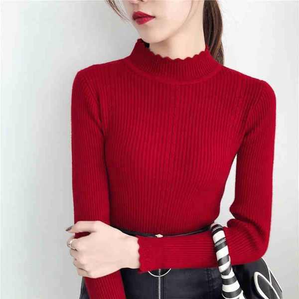 

2021 fall winter ruffle sweater harajuku high neck ladies pull femme women's warm slim long sleeve knitted pullover clothes w018, White;black