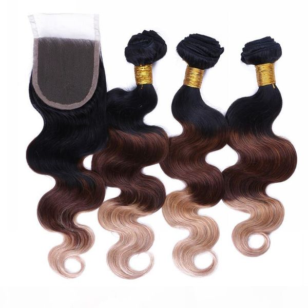 

8a 1b 4 27 brazilian ombre hair bundles with lace closure three tone colored hair weave with closure body wavy 4pcs lot, Black