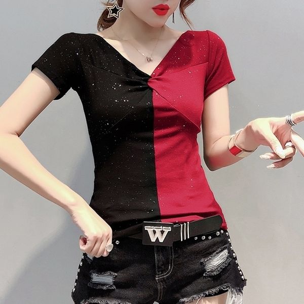 

summer shiny clothes patchwork v-neck drape t-shirt women cotton short sleeve ropa mujer bottoming shirt tees t02412 t200614, White