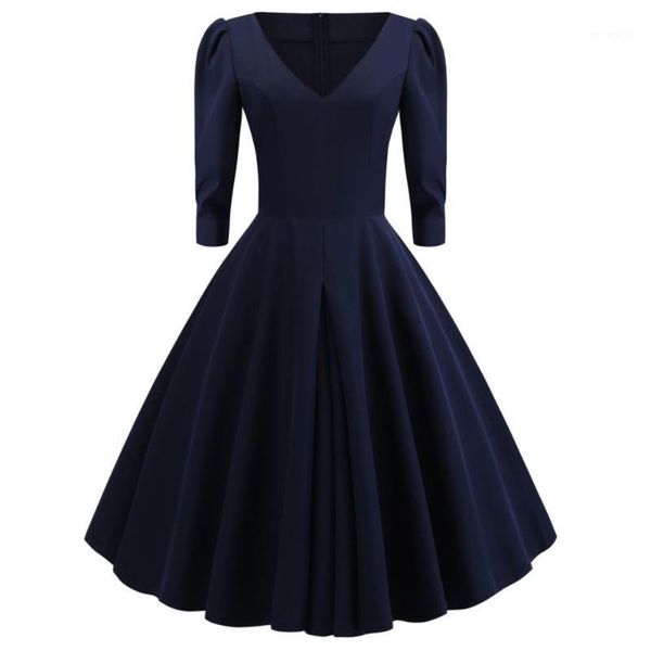 

joineles navy color women midi vintage dress v neck 3/4 sleeves high waist retro dress 60s audrey hepburn rockabilly vestidos1, Black;gray