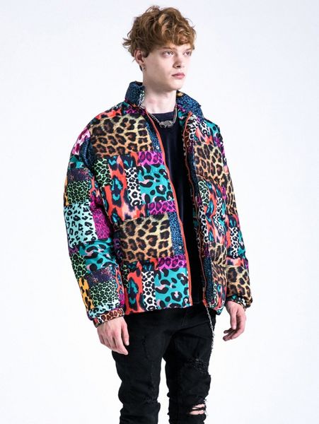 

men leopard patchwork print zipper puffer coat 25do#, Black;brown