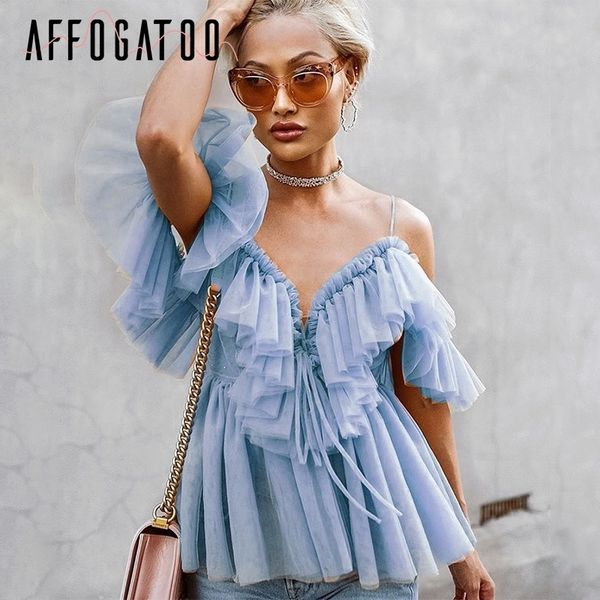 

affogatoo elegant ruffle strap mesh summer blouse shirt women v neck off shoulder holiday blouse streetwear peplum y200622, White