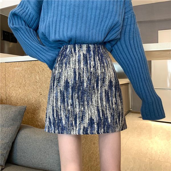 

new 2021 winter short pencil plaid wool skirts high stylish tweed waistband vintage lady y395 a7ar 4vl1, Black