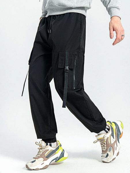 

men buckled utility pocket drawstring waist joggers a0qh#, Black