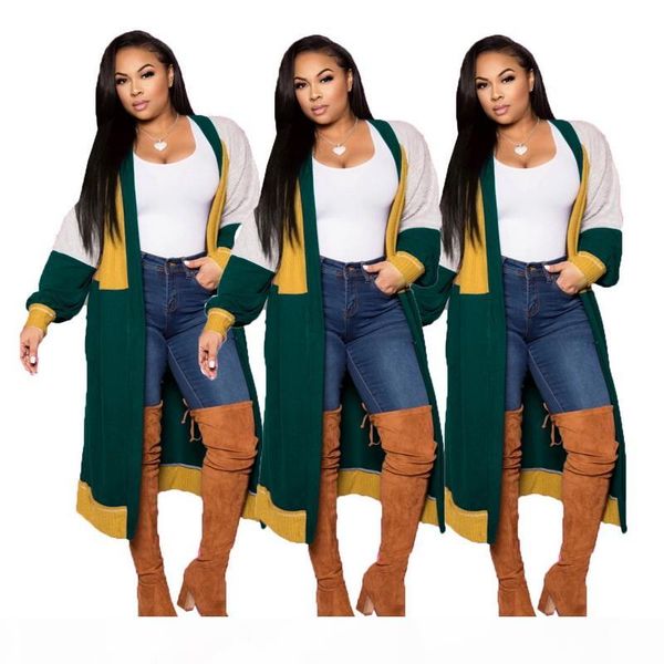 

contrast color knitted women cardigan fashion outfit long sleeve and long cardigan loose knitted sweater soft outfit knitwear outwear casual, Black