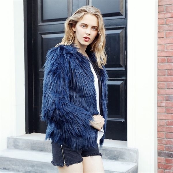 

fashion furry faux fur coat women fluffy warm long sleeve female outerwear autumn winter coat jacket hairy collarless overcoat 201212, Black