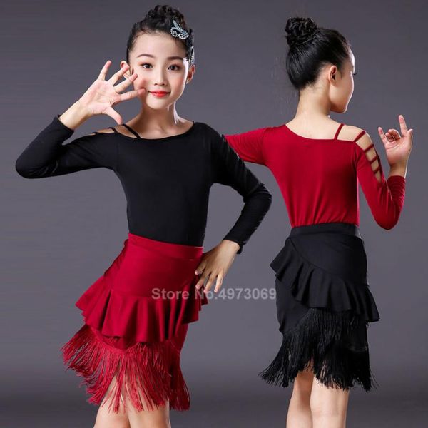 

stage wear tassel fringe ballroom pratice split latin dance dress for kid girl performance professional sumba red black leotard skirt, Black;red