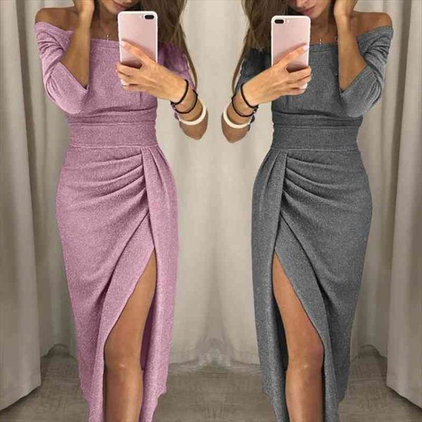 

fashion autumn winter women off the shoulder long sleeve sequins dress high split maxi dress backless evening party, Black;gray