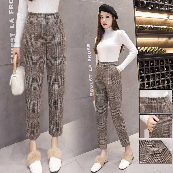 

women's pants & capris women plaid woolen 2021 autumn winter wear female casual wool thick trousers warm ankle-length straight office l, Black;white