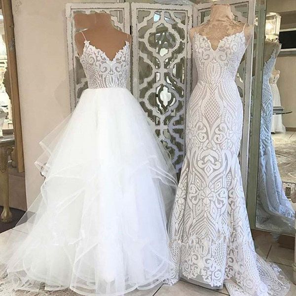 Abiti da sposa in tulle con scollo a V in paillettes in pizzo Abiti da sposa in tulle con spalline sottili Abito da sposa gonfio Robes de Mariag Abiti da sposa a trapezio