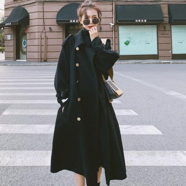 

women's wool & blends [ewq]2021 winter over knee turn-down collar long-sleeved solid color black straight minimalist woolen overcoat wi