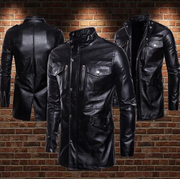 

business leisure multi-pocket motorcycle leather jacket men stand collar loose pu clothes mens leather jackets and coats biker, Black