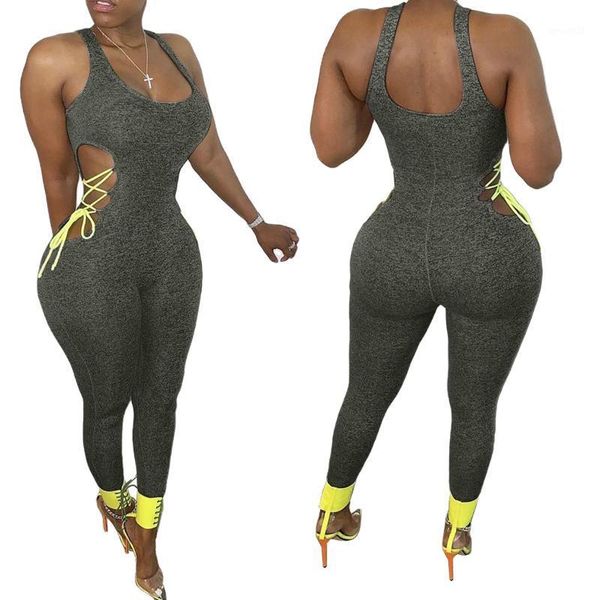 

women's jumpsuits & rompers hollow out lace-up jumpsuit trousers 2021 women sleeveless sports causal summer pants pure color1, Black;white