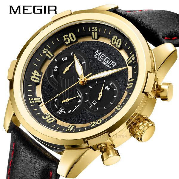 

megger megir watch men's multifunctional calendar timing leather men's watch quartz watch 2067, Slivery;brown