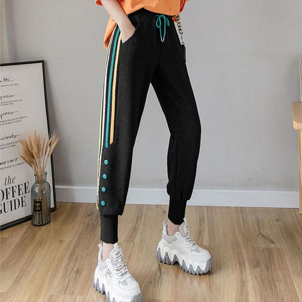 

casual loose high waist jogging pants women new fashion korean style side stripe trousers plus size  4xl drawstring pants, Black;white