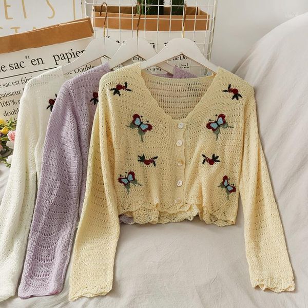

2020 autumn sweet butterfly embroidered long-sleeve knitwear women sweater1, White