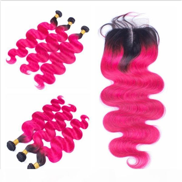 

t1b pink ombre virgin peruvian body wave hair with closure 4pcs lot dark roots two tone colored 3bundles with 1pc 4x4 lace closure, Black