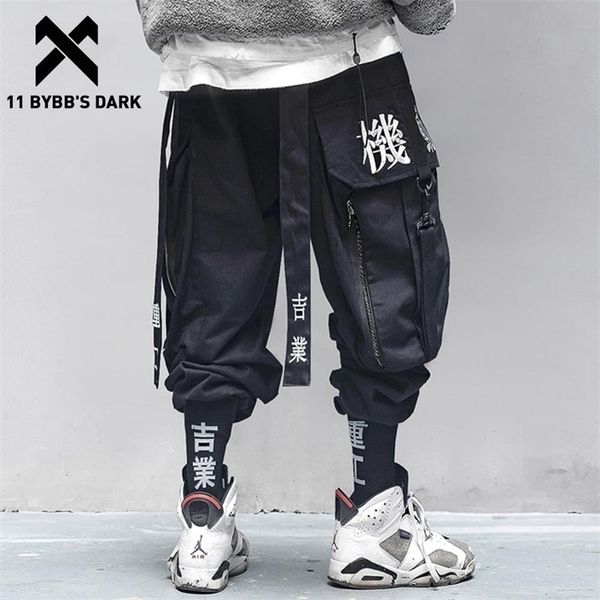 

11 bybb's dark multi pocket hip hop pants men ribbon elastic waist harajuku streetwear joggers mens trousers techwear pants 201110, Black