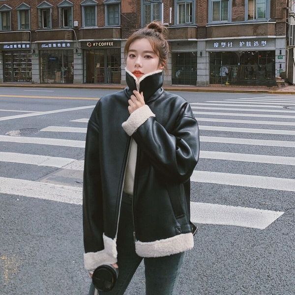 

2021 new women leather winter new thick lamb hair lacquer nice loose lapel black mmotocicleta suit bomber jacket z8 hvxg