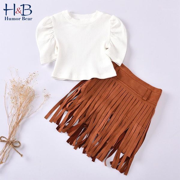 

humor bear summer girls kids clothing toddler bubble short sleeve+ famous ethnic fringe pendant skirt children 2pcs clothes sets1, White
