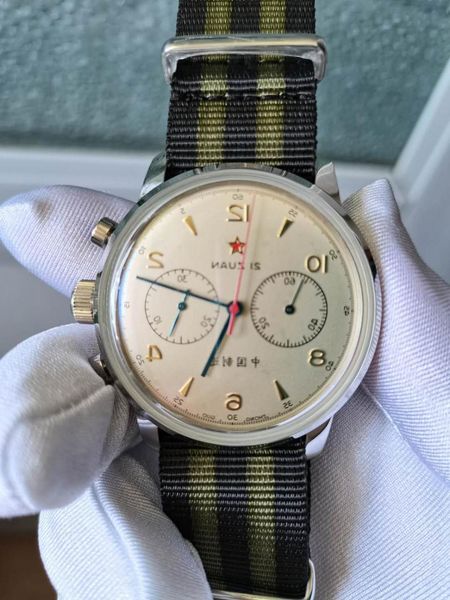 

2021real vintage 1963 pilot watch acrylic mirror multifunctional military chronograph aviation personality men watch, Slivery;brown