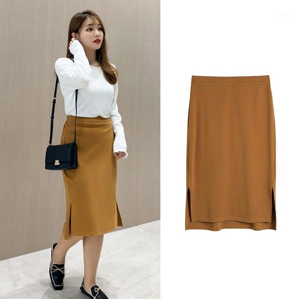 

spring bodycon skirt women cotton package hip split skirt mid slim pencil skirts for women female plus size1, Black