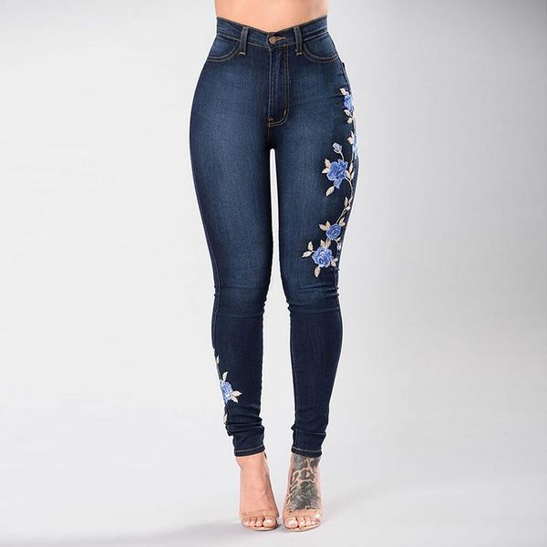 

women blue rose embroidered jeans lady's skinny girl's slim print trousers high waist pencil pants plus size kg-824