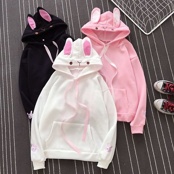 

women's hooded hoodie, long-sleeve hoodie with fluffy cotton bunny hood down., Black