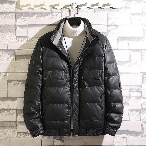 

men's trend winter thickened coat down fashion brand stand collar leather cotton padded jacket, Black