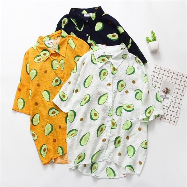 

hawaiian shirts women funny avocado printed turn down collar short sleeve casual shirts women summer 2020 beach shirt tee, White