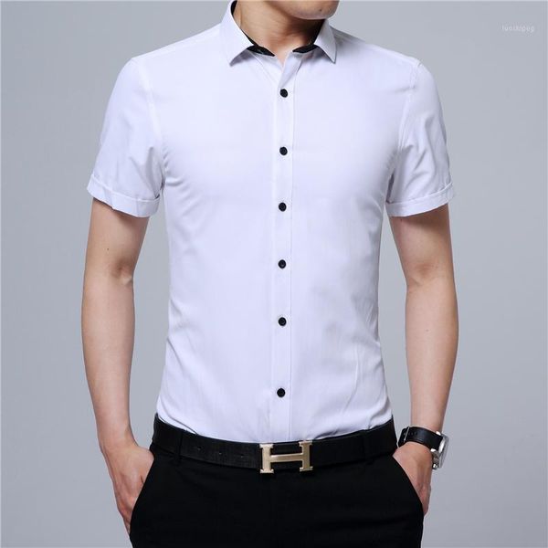 

summer white shirt men short sleeve asian size 3xl 4xl business party men dress shirts comfortable and breathable1, White;black