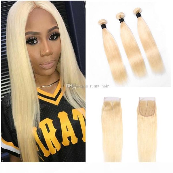 

613 color straight human hair 10-30inch malaysian virgin hair bundles with lace closure platinum blonde silk striaght hair with closure, Black;brown