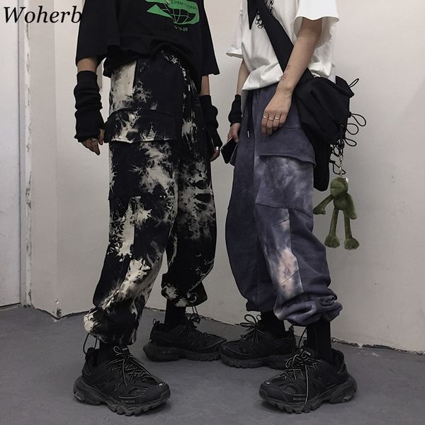 

woherb tie dye streetwear cargo pants women casual joggers harajuku high waist loose female trousers korean style ladies pants 201012, Black;white