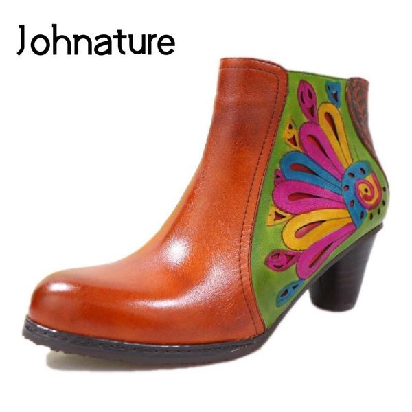 

johnature genuine leather 2020 new winter round toe hand-painted flower platform boots women shoes colorful ankle boots, Black