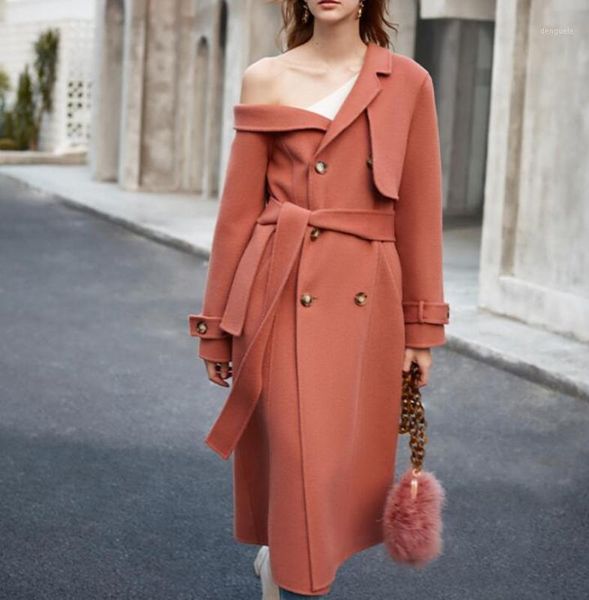 

runway fashion one shoulder wool coat vintage elegant winter woolen overcoat long jacket women double breasted slim outerwear1, Black