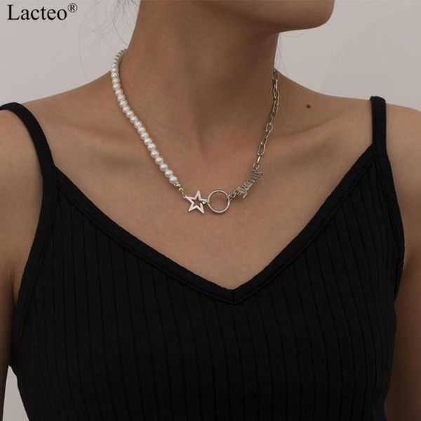 

lacteo dark gothic star love heart pendant necklace for women steampunk pearl stainless steel chain choker unusual necklace, Silver