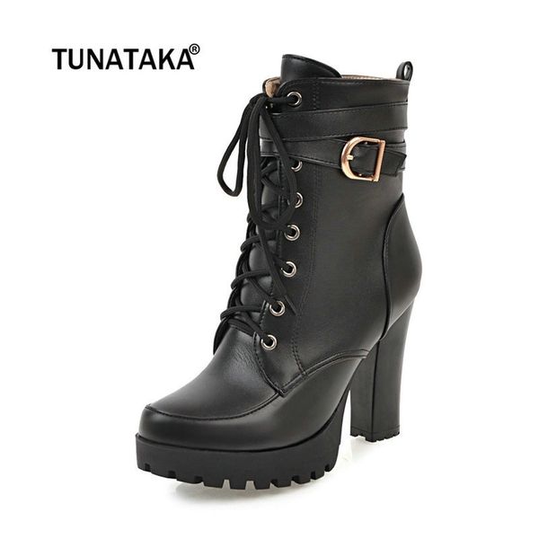 

chunky high heels women ankle lace up fall winter platform ladies boots large size fashion shoes white black brown y200115