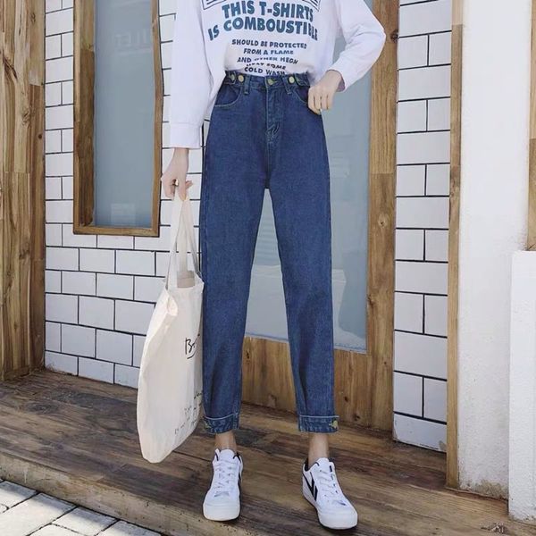 

casual loose ankle banded jeans for women vintage streetwear denim daddy trousers boyfriend straight leg pants female versatile y1214, Blue