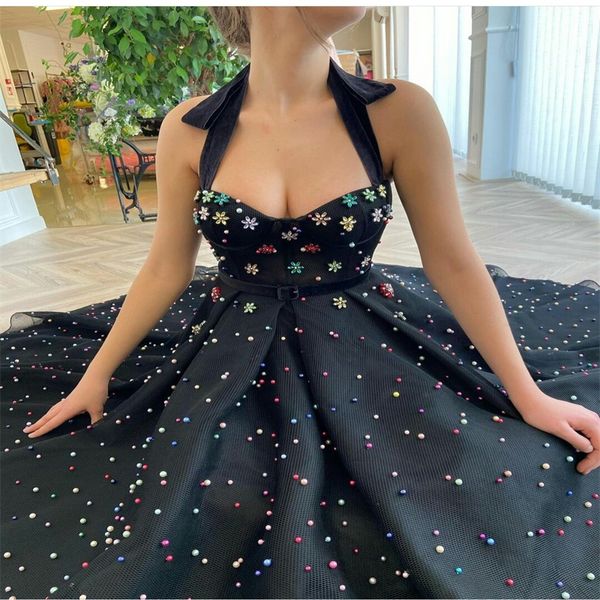 

colorful beads black evening dresses crystal halter dubai saudi arabic sweep train formal dress evening pageant dresses robe de soirÃ©e, Black;red