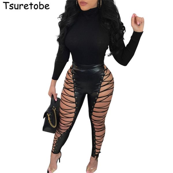 

tsuretobe hollow out lace up pencil pants women high waist bandage leggings club party pu faux leather pants female lj200813, Black;white
