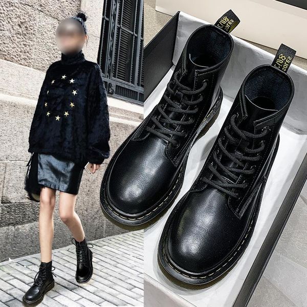 

martin boots women short goth chunky ankle boots girl 2020 autumn and winter split leather casual office platform ladies shoes, Black