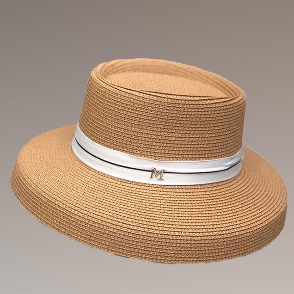 

New Summer Sun Hats Women Fashion Girl Straw Hat Ribbon Bow Beach Hat Casual Straw Flat Top Panama Bone Feminino, Blue;gray