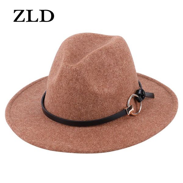 

zld new men women classic jazz hat autumn winter ladies felt fedoras hat round buckle belt decoration cap casual cowboy caps, Blue;gray