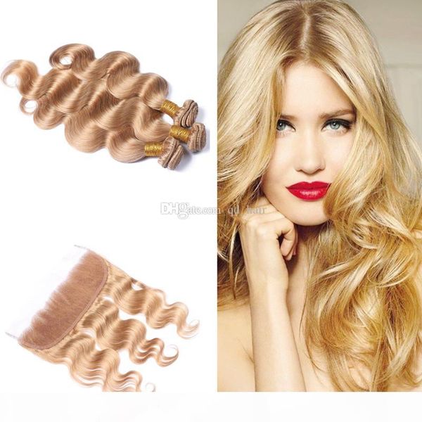 

honey blonde 27 brazilian virgin human hair bundles with frontal closure body wave hair extension with ear to ear frontal 4pcs lot, Black