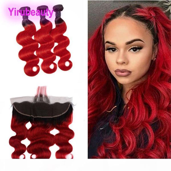 

peruvian human hair 3 bundles with 13x4 lace frontal body wave 1b red virgin hair extensions 1b red ombre hair wefts with frontal, Black;brown