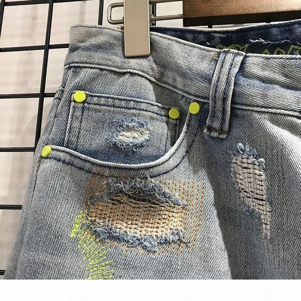 

high streetwear endless damage hole jean men women metal button zipper denim pants endless letter 3d printing jean, Blue