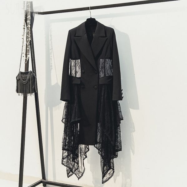 

ewq] suit jacket new autumn long-sleeved lace stitching women coats women jacket hollow black trendy ladies overcoat 201016, Black;brown